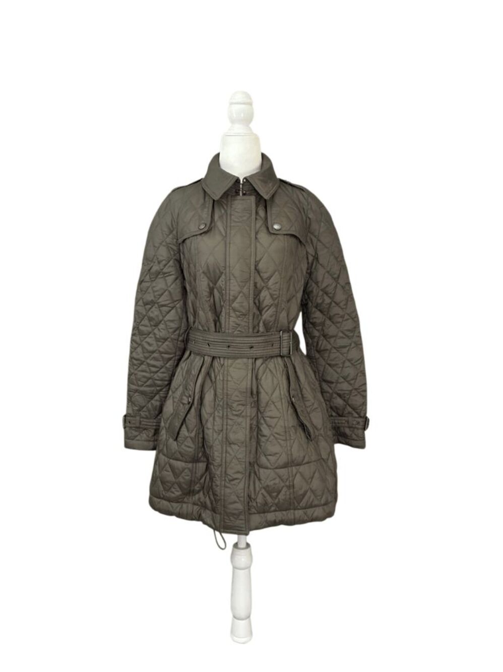 Burberry Brit Finsbridge Medium Quilted Coat Green with Nova Check Mid Length